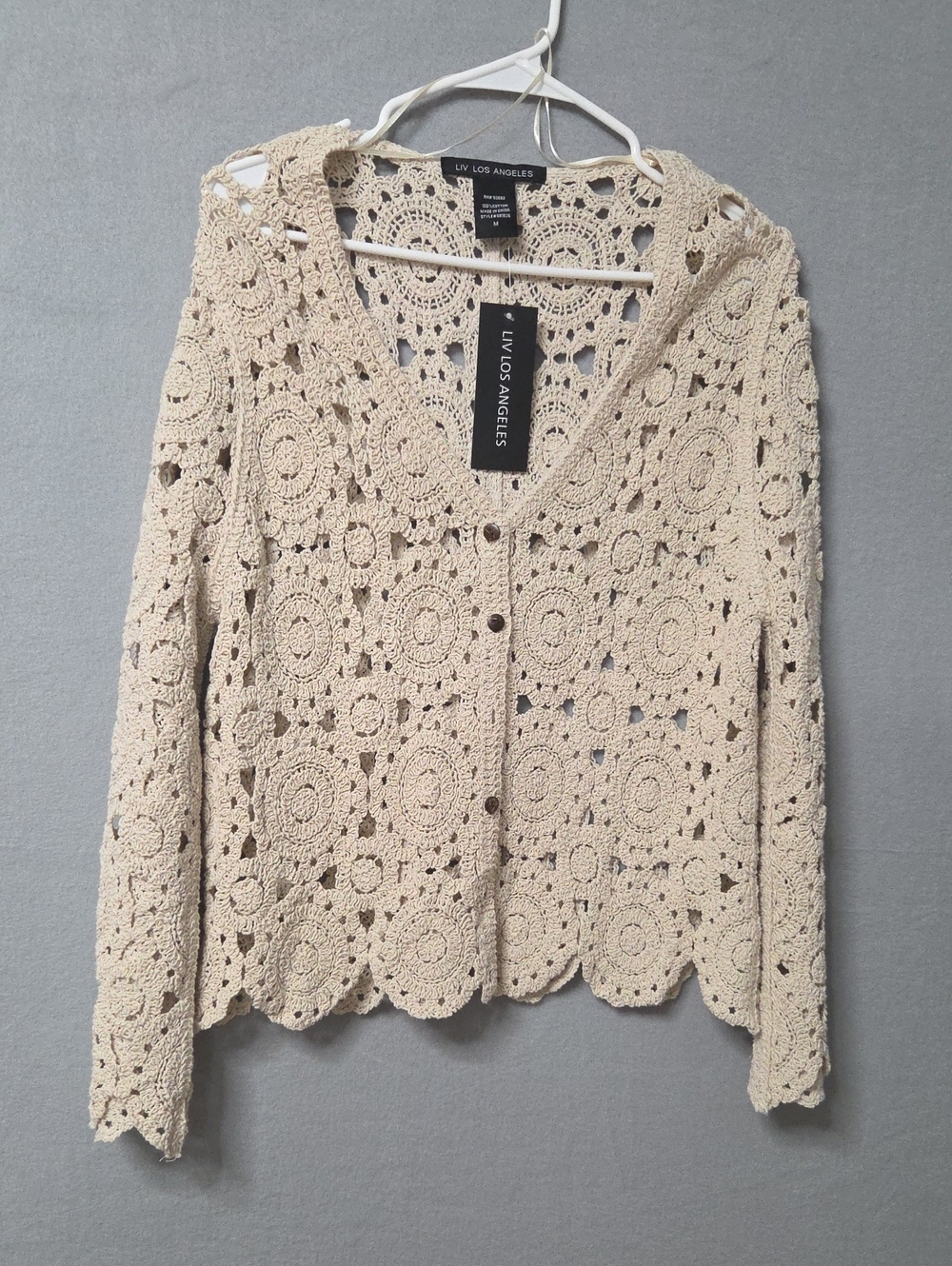 LIV Los Angeles Women's Crochet Knit Cardigan Sweater Cream Nwt Size Medium.